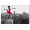 Women Canvas Painting Print,Ballet Dancer Dancing Empire State Building Wall Art,Girl in Red Dress Wall Picture