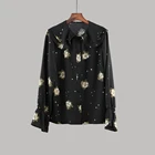 Flower Black Printed Crepe Long Trumpet Sleeve For Ladies Blouse