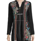 Traditional Embroidery Women Tops Black Long Sleeve Casual Lady Top Vintage Embroidered Design Loose Tunic Clothing Sta-006