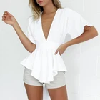2019 summer Latest Fashion Sexy Plain White Deep V Neck Short Sleeve Solid Chiffon Blouses For Women tops and shirts
