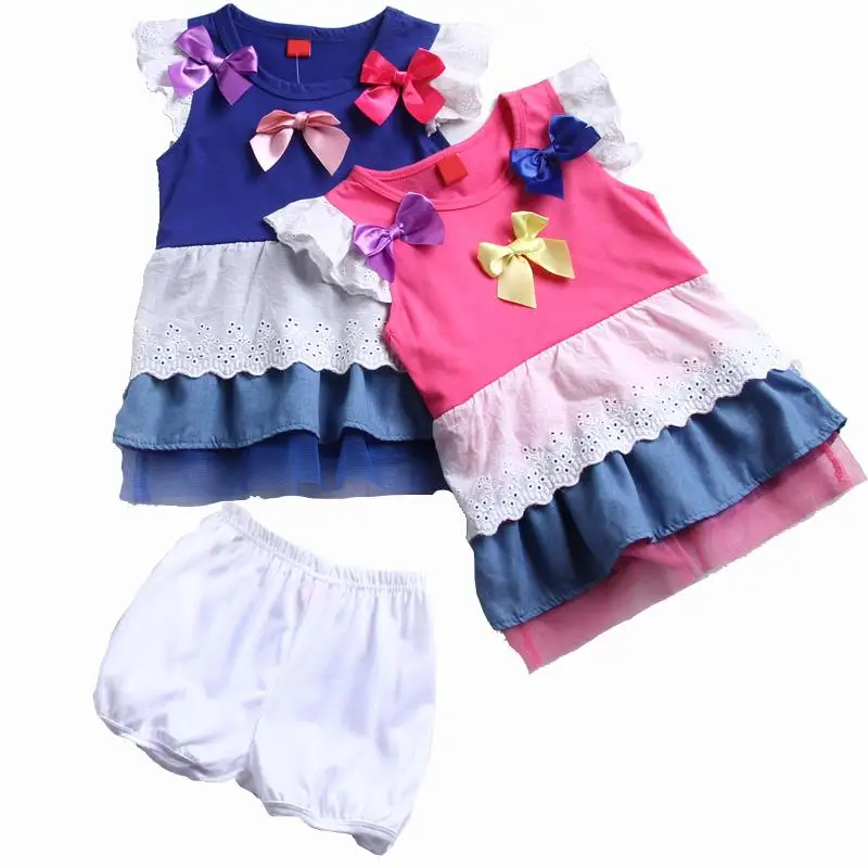2015 Summer Baby Girls Clothing Set Lace Bow Kids Girl Dress Set Children Dresses Princess Sleeveless + short pants