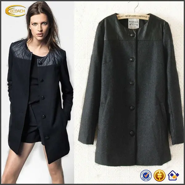 women"s black woolen trench coat fuax leather overcoat loose