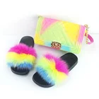 wholesale Rainbow color two piece set jelly bags handbag and fox fur slides