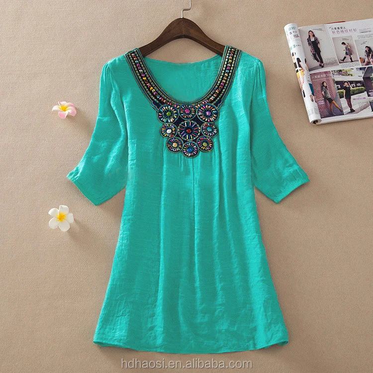 Hotsale O-neck Printed Retro Vintage Bohemian Loose Casual Chiffon shirts Blouse top clothing for women