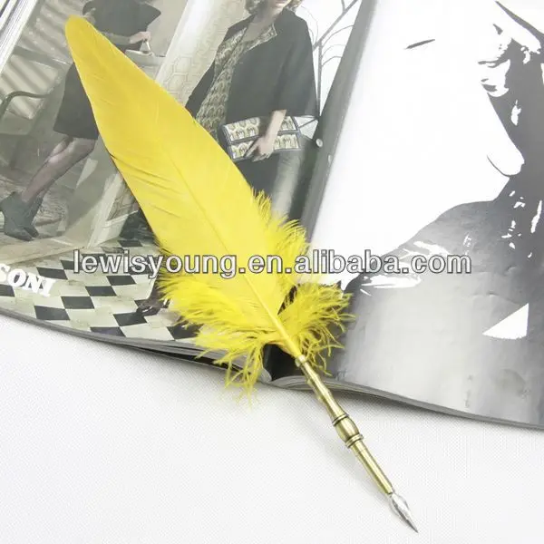yellow real eagle feathers fountain dip pen with metal pen barrel holder