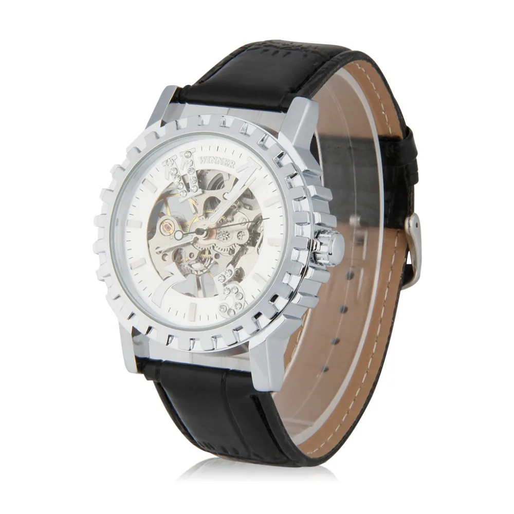 2015 New Luxury Brand Winner Fashion Casual Stainless Steel Men Skeleton Watch Hand-winding Wristwatch With Leather Band