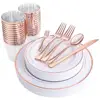175PCS Rose Gold Plastic Plates & Plastic Silverware & Rose Gold Cups, 25 Disposable Tableware Set: 25 Knife Spoon Fork