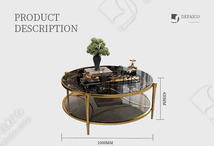 Luxury Modern Round  Stainless Steel Base Golden Color Tempering Marble Top Coffee Table for Living Room