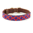 Blue Beads Durability Comfort Geometric Design Beaded Italian Leather Dog Collar