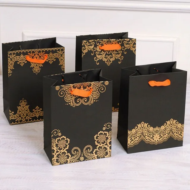 custom gold foil stamping black paper bag with handles