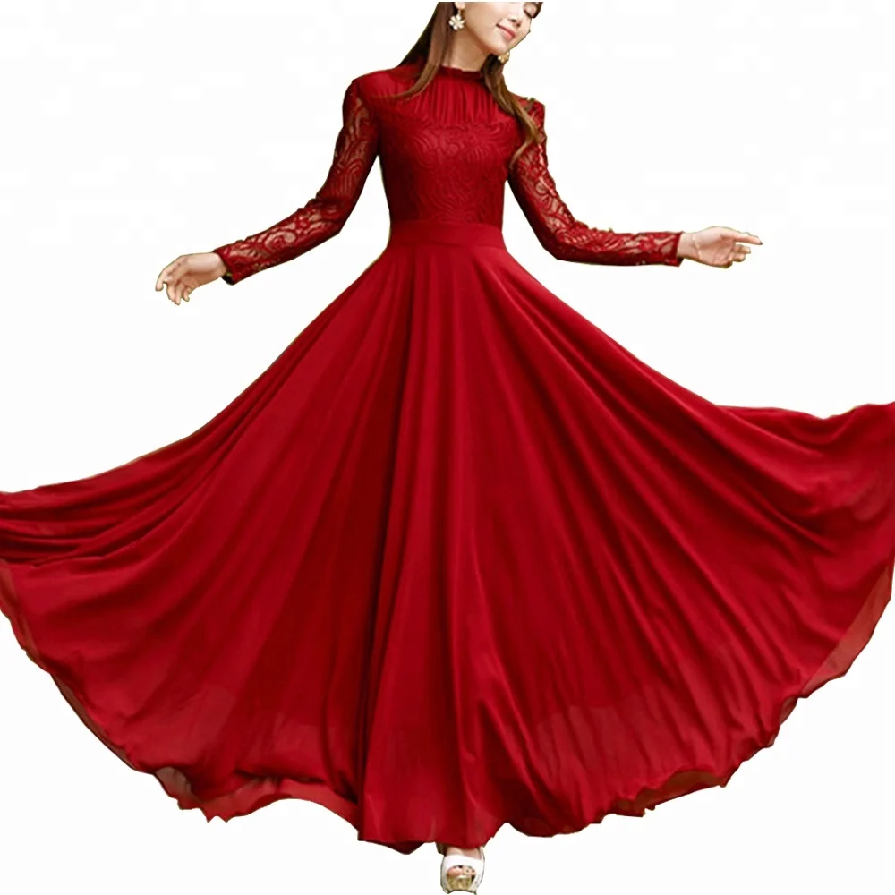 Zarif Bayanlar Şifon Uzun akşam partisi kıyafeti Kıyafeti Uzun Kollu Müslüman Elbise