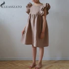 Fashion girls dress linen cotton ruffle sleeve organic fabric baby dress