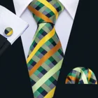 Cheap Silk Plaid Tie Handkerchief Cufflinks Set Green Checked Necktie for Men
