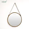 Classic Art Decor Gold Metal Wall Mounted Movable Mirror Wall Hanging Round Mirror with Leather Strap