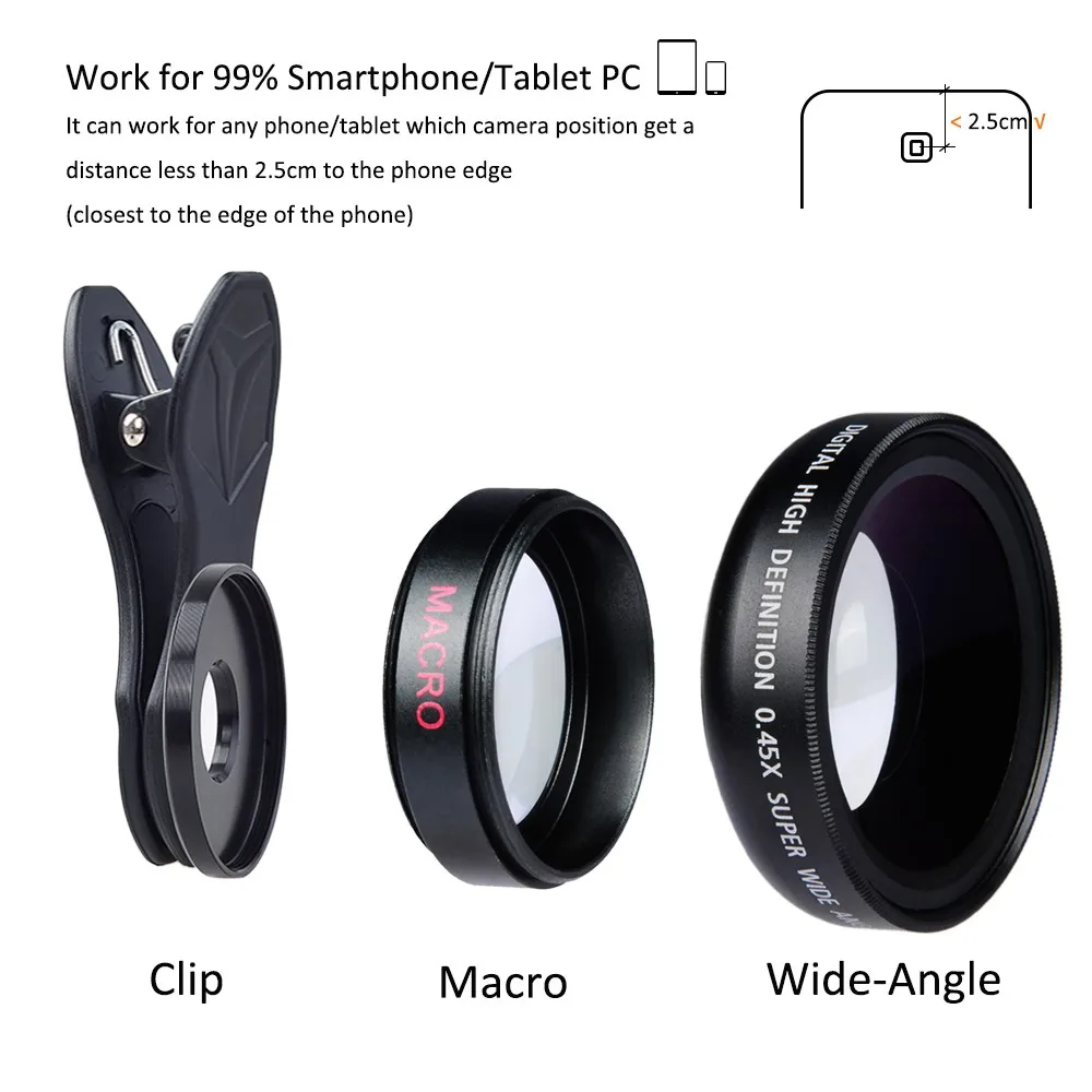 Apexel 0.45X wide anlgle macro lens mobile phone camera lens 2 in 1 lens kit for HUAWEI phone