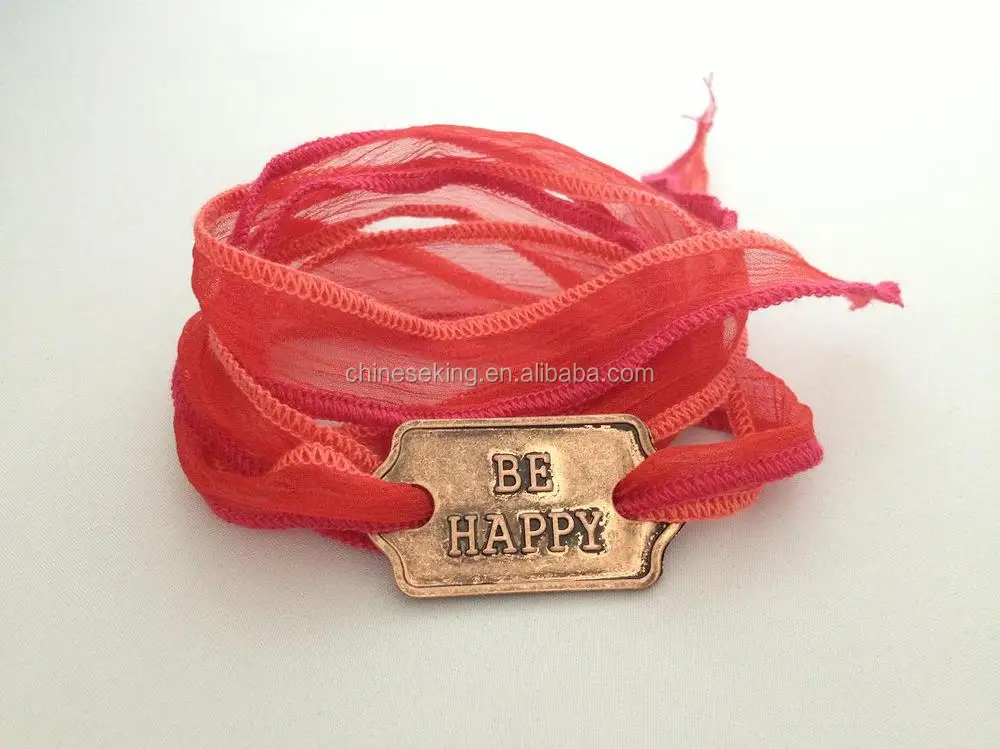 inspired words stamped metal charm silk ribbon wrap bracelet