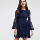 2019 Arabic Muslim Women Boat Neck Plain Frock Design Lycra Blue Long Sleeve Lace Dress