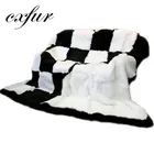 CX-D-118 White Black Check Real Rex Rabbit & Fox Short Blanket Fur Rug