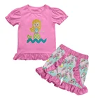 Stylish Little Girls Clothing Sets puff Sleeve Mermaid Printed Ruffle Shorts Baby Girl Outfits With Applique