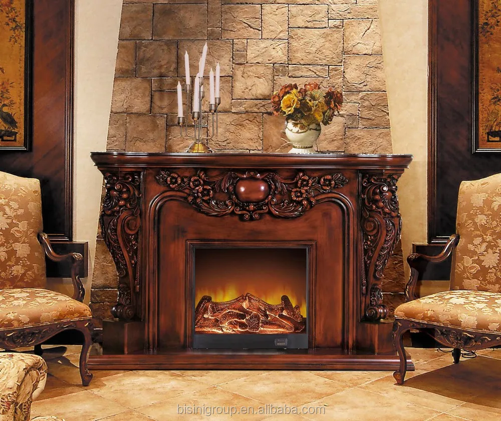 Elaborate Luxury Electric Fireplace Natural Brown Antique Painted