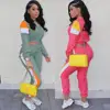 2019 Patchwork Two Piece Crop Top Long Sleeve Casual Sets two piece tracksuit women Long trousers