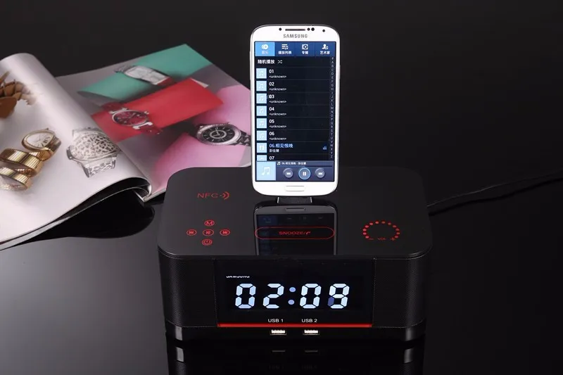 Hot A8 Touch Radio Alarm Clock Bluetooth Speaker with docking System,Portable Dock Station Stereo A8 FM AUX NFC Dual USB speaker - ANKUX.COM
