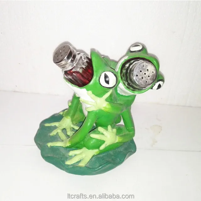 frog figurine polyresin glass salt and pepper shaker holder