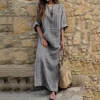 Spring and summer new large size women's cotton and linen pocket yarn-dyed loose long dress