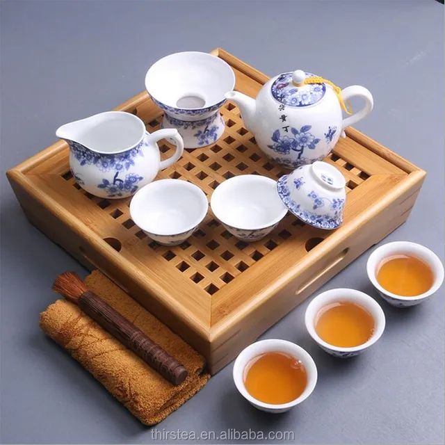 New style Tea sets traditional bamboo tea tray high quality famous Blue and white porcelain teacup teapot Kung Fu tea ceremony
