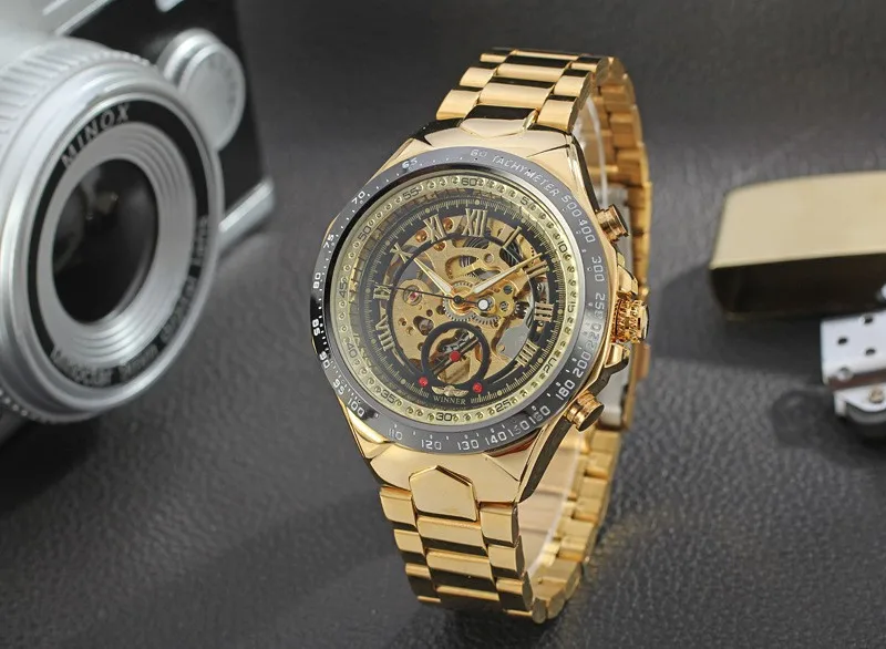 2016 New Hot Sale Skeleton Hollow Fashion Mechanical Self Wind Men Luury Male Business Gold Stainless Steel Strap Wrist Watch
