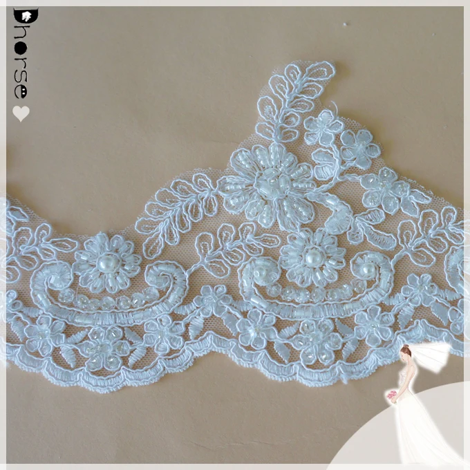 Hand Beaded Lace Fabric White Bridal Lace Trim Wholesale 14cm Wide