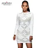 Fashion design mini style jeweled white evening long sleeve dress