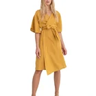 2019 Womens Elegant Short Sleeve Midi Linen Wrap Dress