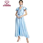 Custom summer blue sleeveless v-neck long maxi satin women dress