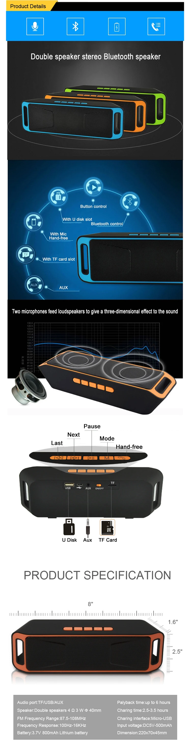 S207 Powerfull Portable Stereo Music Bluetooth Speaker with USB Port Sd Card Slot - ANKUX.COM