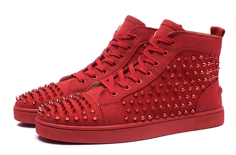 Free Shipping New Arrivals Red Suede Leather High Top Shoes 2015 Fashion Rivets Spikes Men Red Bottom Sneakers