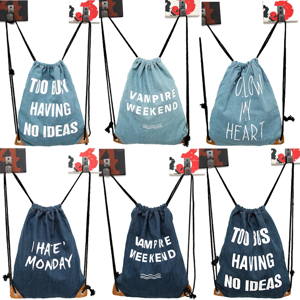 wholesale taobao denim drawstring backpack bag custom printed