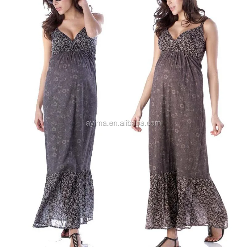brown floral printed maternity maxi dress newest maternity gown, View