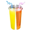 Creative Half And Half 24 oz Disposable Coffee Boba Tea Drink Cups Plastic Split Cup with Two-hole Flat Lids
