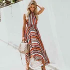 Cheap Women Fashion Boho Lady Small Turtleneck Sleeveless Rainbow Striped Chiffon Elastic Maxi Dress
