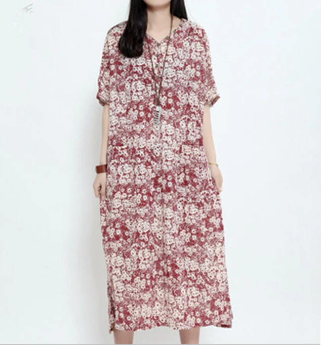 High Quality New Fashion Women Summer 2015 Flower Print Dress Plus Size M-XXL Mid-Calf O-neck Short Sleeve Cotton A-line Dresses