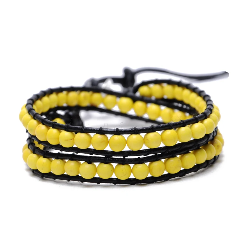 2015 New Summer Style Bohemia Yellow Opal Beads Leather Chain Bracelet & Bangle for Women Men Bracelets Bohemia Bijoux