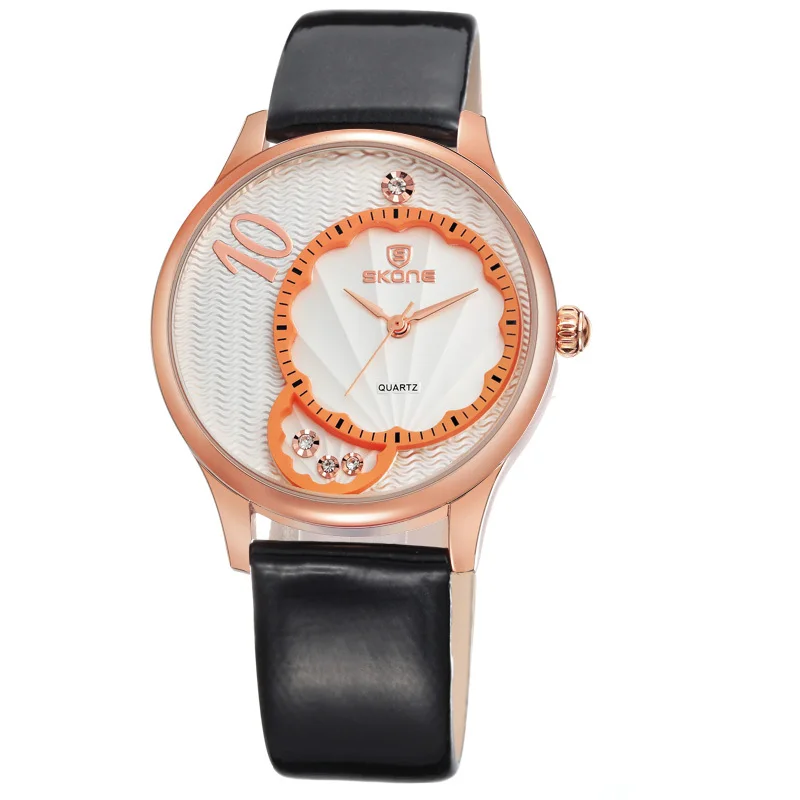 2015 SKONE Brand Quartz Black Watch Women Genuine Leather Strap Women Wristwatches Bracelet Dress Watches Clock relogio feminino