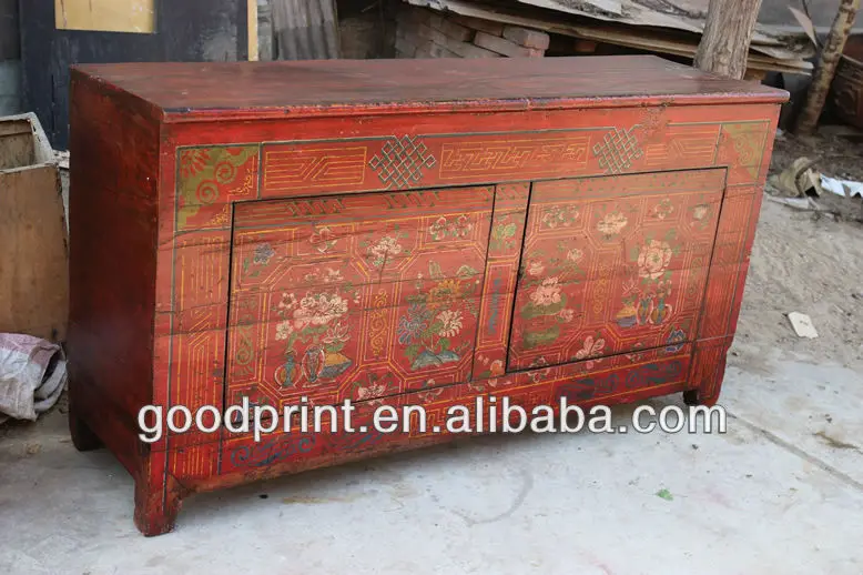 Asian Antiques Vintage Hand Painted Mongolia Console Cabinet 3.jpg