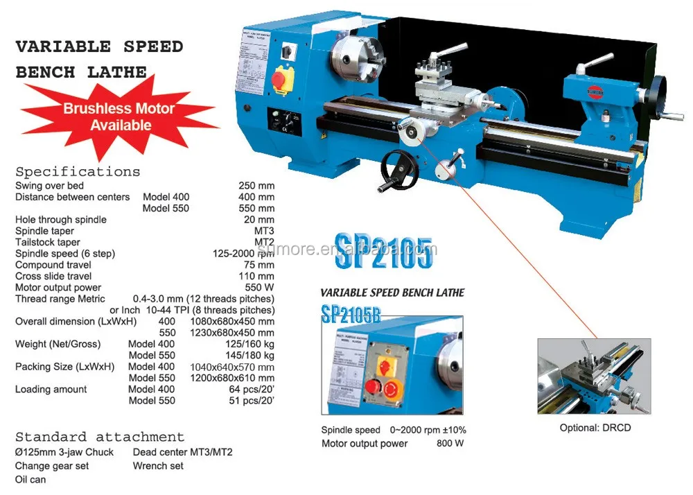 Sumore variable speed bench lathe machine with 550mm distance sieg C6 SP2105