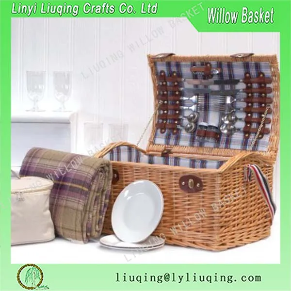 handle collapsible brown willow picnic basket with utensiles