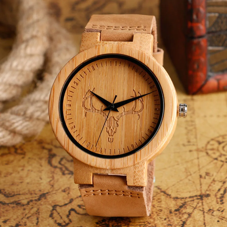 High Fashion Bamboo Natural Wood Watches Deer Moose Head Brown Standard Men Dress Watch Analog Round Clock Gift 2017 (7)