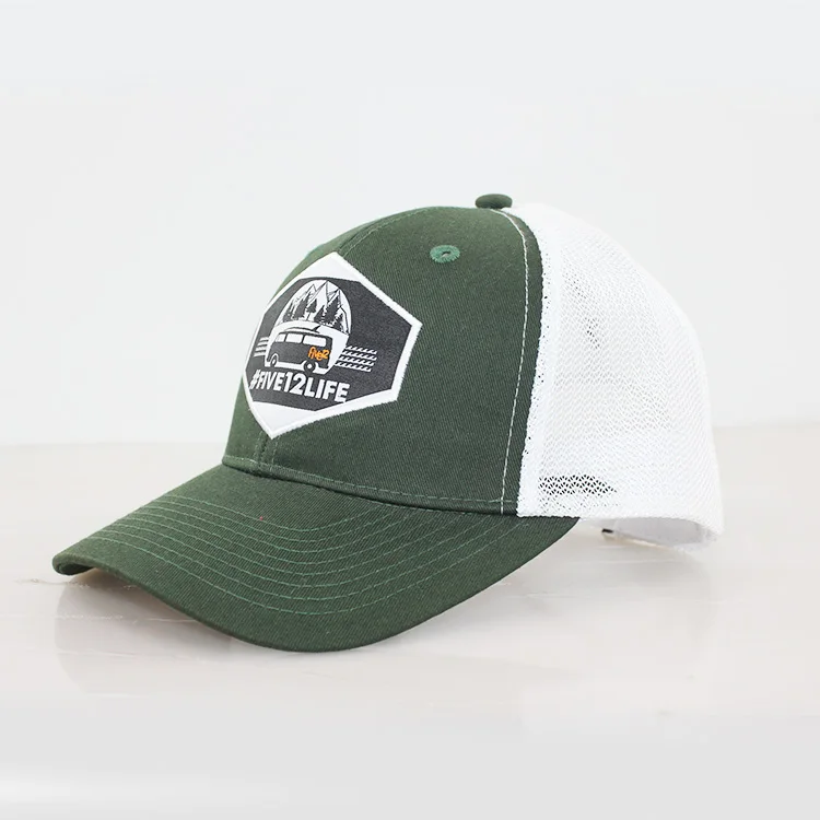 low profile trucker snapback hat with leather patch, mesh trucker cap