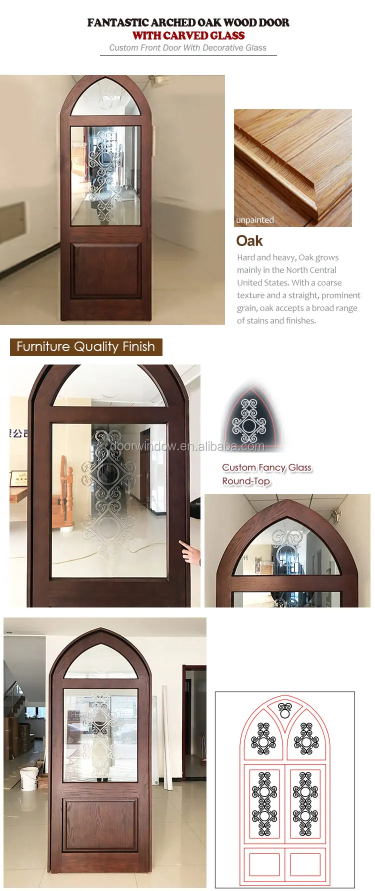 Solid wood front door with top glass and grilles design entry door for home