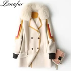 Fur 4 Leather Coat the Winter 4 Sizes Beige Khaki Warm Real Fox Fur Collar Sheep Leather Shearling Coat Double Breasted Trench Coat for Women